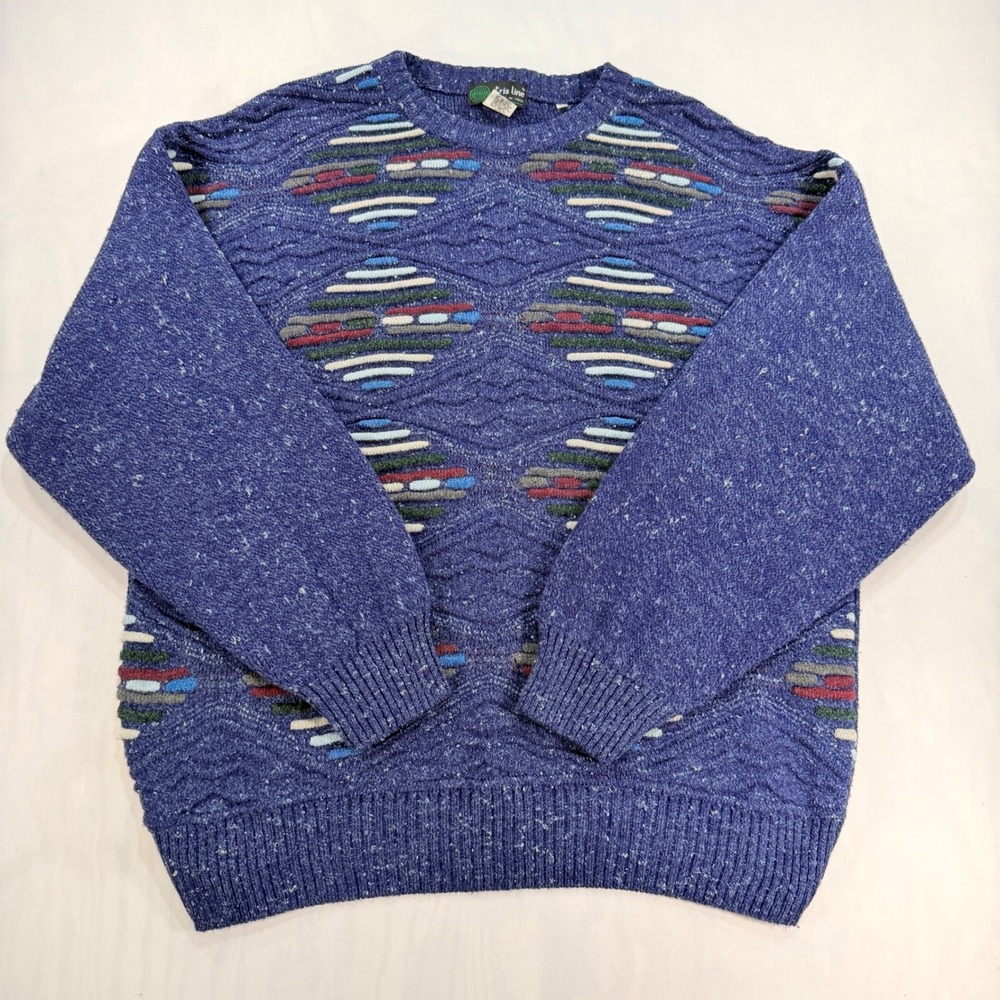 Tris Line Sweater Men L Blue Wool Blend Geometric Made in Italy Vintage Pullover